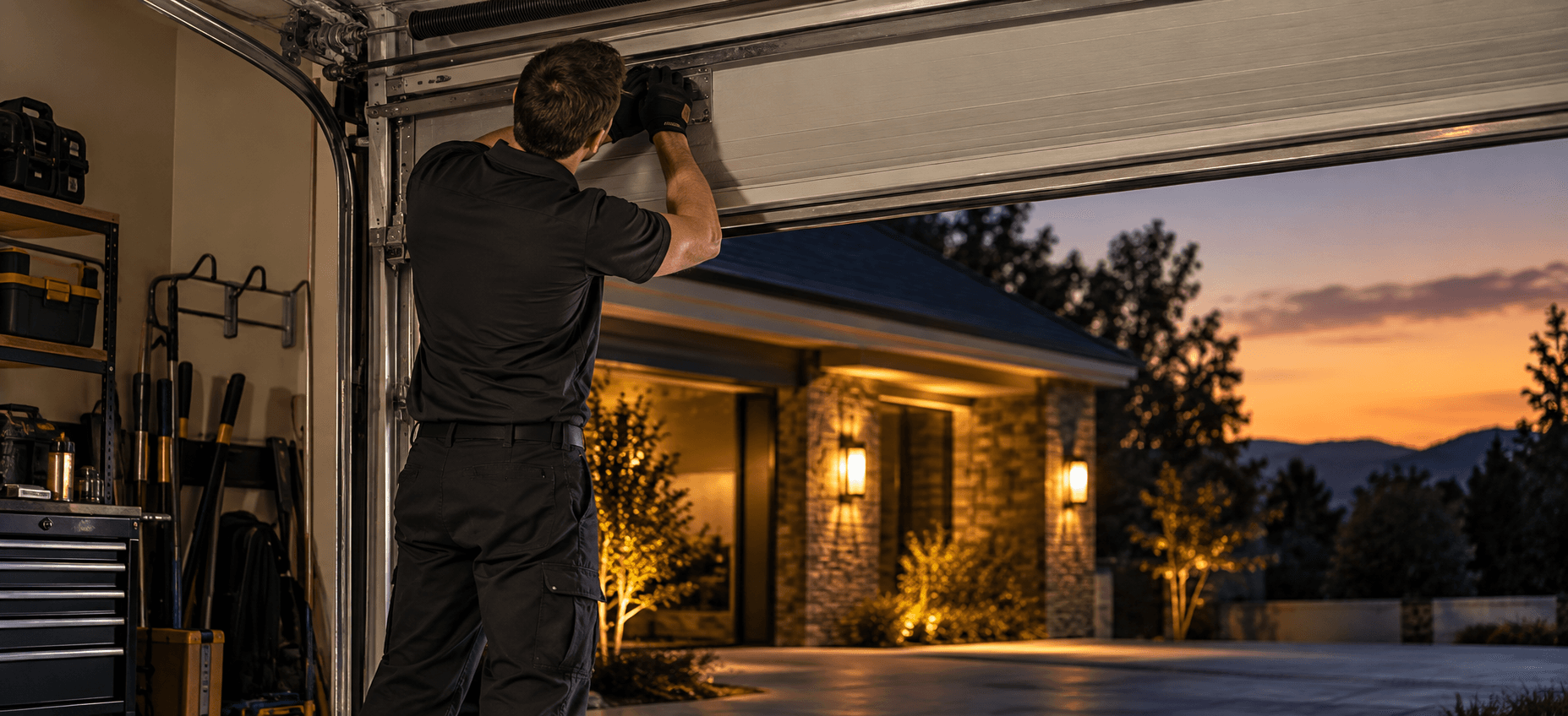 Liftline technician adjusting a garage door panel at dusk, with the lit house and driveway behind him